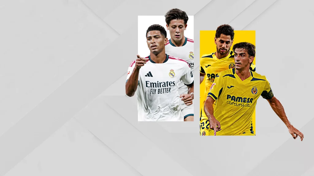 Jugadores del Real Madrid y del Villarreal CF disputando un balón durante un partido de LaLiga EA Sports en el Estadio Santiago Bernabéu